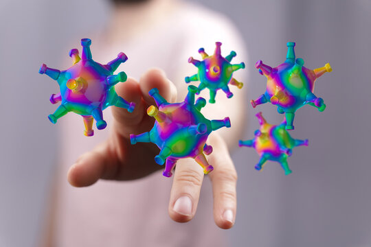 Artistic rendering of virus cells in human touch. Coronavirus, covid-19, medicine, healthcare, science, and pr - Powered by Adobe