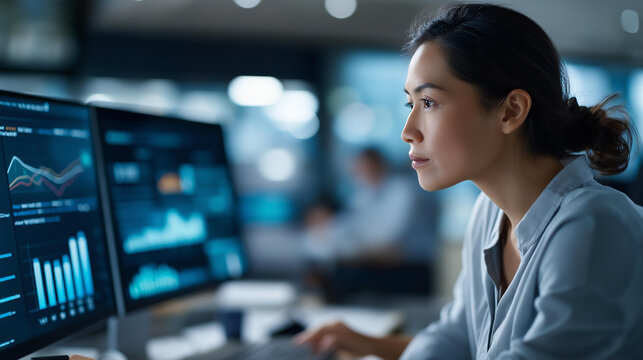 Faceless advisor financial business analytics woman with data dashboard graphs, female analyst professional, performance metrics review, corporate intelligence work, defocused person, with copy - Powered by Adobe