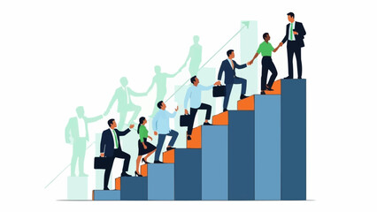 Diverse group of professionals climbing stairs representing career growth and teamwork.
