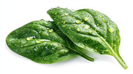 Fresh green spinach leaves with water droplets on white background. Healthy organic vegetable closeup showing natural moisture and vibrant color