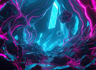 Surreal abstract futuristic background with floating geometric shapes and glowing fibers, neon cyan and magenta accents, ideal for advertising banners and tech design.