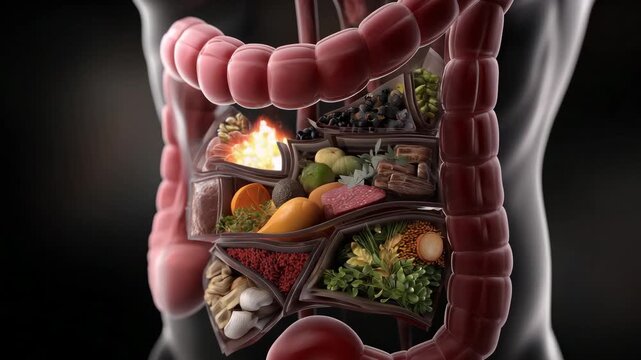 Complex human digestive system showcasing various foods and their breakdown process in the gut