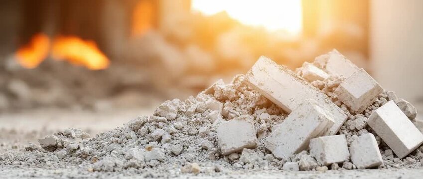 Construction Debris Pile Crushed Concrete Brick and Dust at Demolition Site
