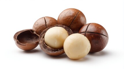 Fresh macadamia nuts in shell and cracked kernels on white background