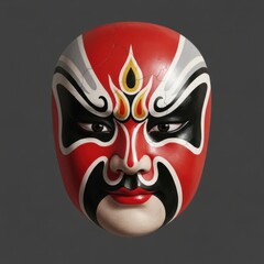 Red and black Chinese opera mask with intricate white designs on a dramatic face.