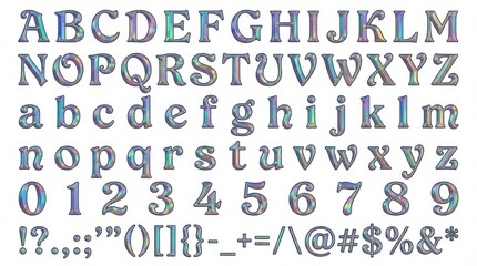 font alphabet in holographic techno style from a to z numbers punctuation isolated on white background