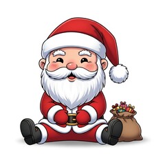 Cartoon Santa Claus sitting with a sack of gifts for Christmas celebration.