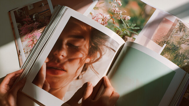 Woman holding fashion magazine while looking at editorial photos  
