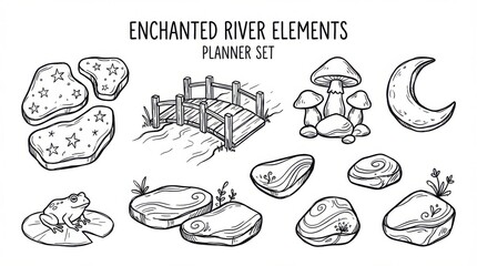 hand-drawn enchanted river stepping stones outline elements set created for planners scrapbooking and journaling isolated on white background
