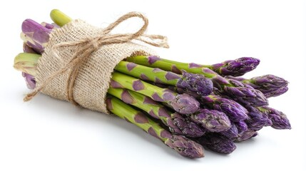 Purple asparagus bundle tied with burlap sack isolated on white