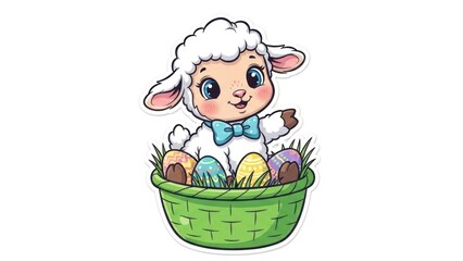 Cute lamb peeking over a green basket filled with colorful eggs in a whimsical spring illustration.