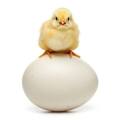 Cute baby chick perched on a white eggshell in a studio setting.