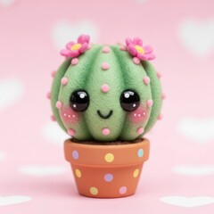 Cute kawaii cactus in a decorated pot against a pink background.