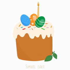 Simnel Cake with Candle and Painted Eggs Traditional Easter Illustration. suitable for religious celebrations, greeting cards, invitations, bakery packaging.
