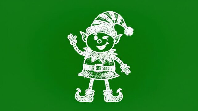 A playful 3D animation of a cute Christmas elf sketched with white lines against a green screen hopping enthusiastically.