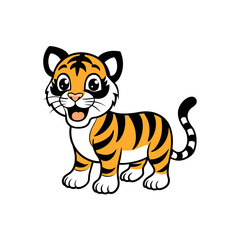 Obraz premium Adorable cartoon tiger cub with orange and black stripes and a happy expression.