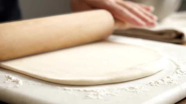 Close-up of hands using a rolling pin to flatten dough on a white surface.