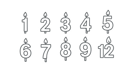 Outline icon set of various numerical birthday cake candles
