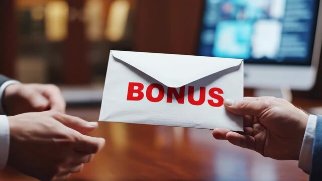 Close-up of business hands exchanging a white envelope with red Bonus text. Manager giving a financial reward to an employee in an office. Corporate incentive and salary concept