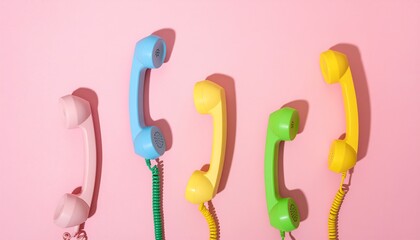 A vibrant collection of vintage telephone handset receivers in an array of cheerful colors, set against a clean, solid pink background, evoking nostalgia and communication