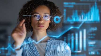 Woman interacting with futuristic blue holographic financial charts and data analysis