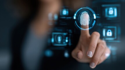 Finger touching glowing digital fingerprint scan with abstract lock icons