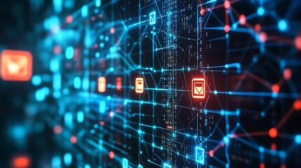 Abstract digital network with glowing lines and communication symbols