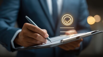 Person in suit signing document with glowing checkmark and lines business