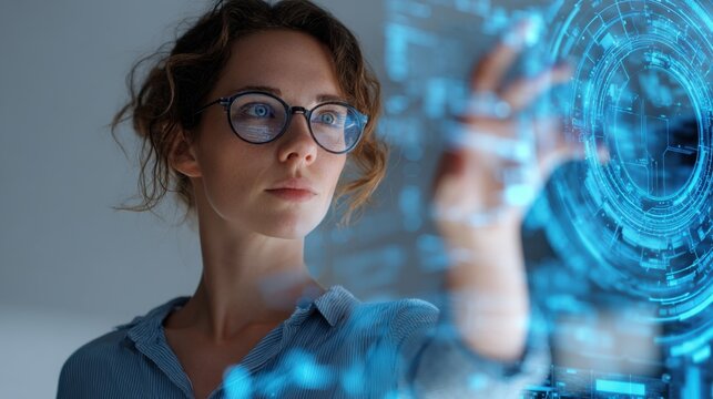 Woman wearing glasses interacts with futuristic blue holographic interface displaying digital data and circuits - Powered by Adobe