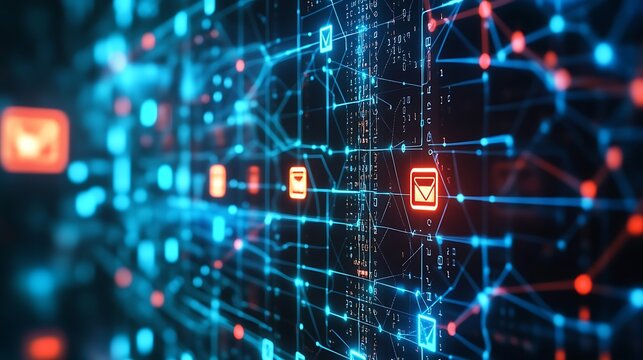 Abstract digital network with glowing lines and communication symbols - Powered by Adobe