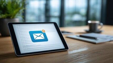 Tablet screen displaying email inbox with notification icon and a cup of coffee on a wooden desk