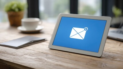 Tablet screen displays an email notification icon on a wooden table with coffee and notebook