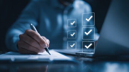 Businessman's hand holding pen reviewing checklist on papers digital interface with checkmarks and laptop