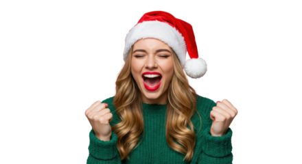 Young caucasian woman, blonde hair, green sweater, red Santa hat, bright lipstick, mid-shout, raised fists, light pink studio background, copy space. Concept of joyful Christmas celebration