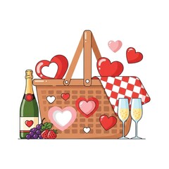 Romantic Picnic Basket Scene with Hearts, Champagne and Toasting Glasses in Cheerful Outdoor Setting.