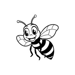 Obraz premium A happy cartoon bee with stripes and wings, smiling and flying in black and white.
