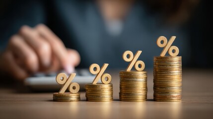Stacks of gold coins with percentage symbols increasing in height and a person calculating in the background