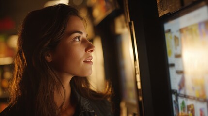 Woman looking at a digital display screen with colorful content illuminated