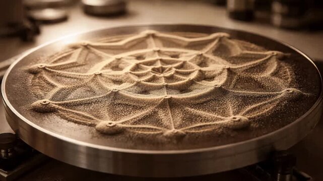Cymatics pattern formed by sound vibrations on fine sand over metal plate, meditative visual sound experiment in calm studio lighting, symmetry and resonance concept, generative AI
