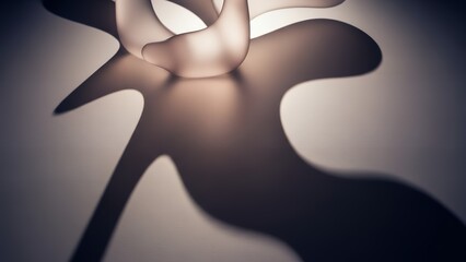 Abstract sculptural form casting dramatic shadow on textured surface, highlighting fluid curves and minimalist aesthetic.