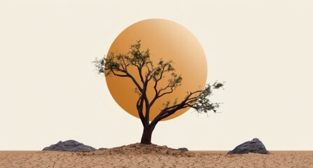 Desertification concept illustrated by a struggling tree beneath intense sunlight.