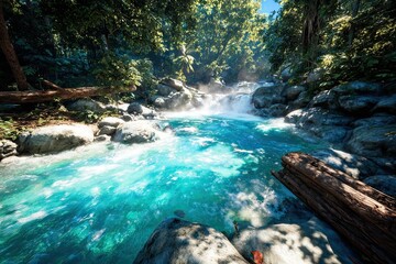 Turquoise stream rushes through a bright, lush, green jungle