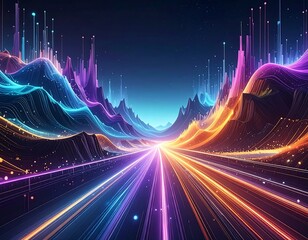 Futuristic landscape of data flow with neon colored mountains