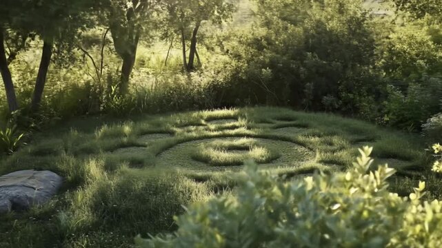 Circular pattern in green lawn surrounded by trees and bushes