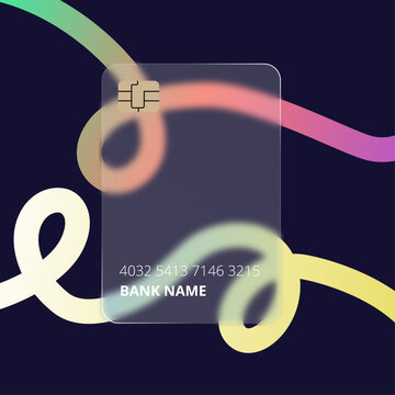 Glassmorphism Digital Banking Card, Transparent Card Design with Abstract Colorful Lines, Modern Financial Concept