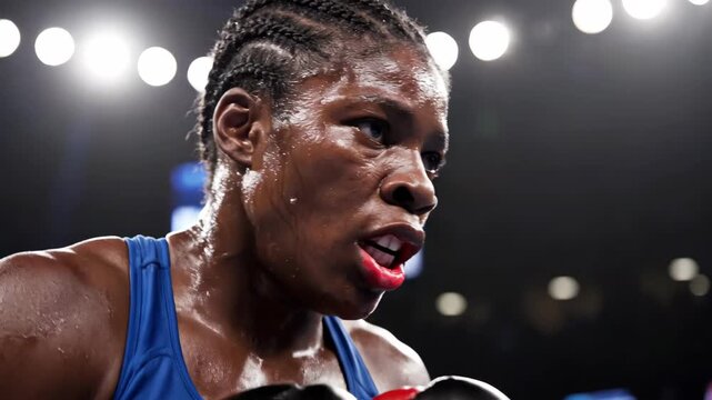 Close-up of a sweating female boxer breathing heavily in the ring. Exhausted athlete with mouthguard focused during a match. Sports competition concept