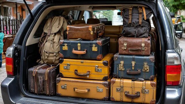 Suitcases packed in car trunk ready for journey