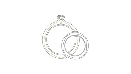 Elegant line drawing of a diamond engagement ring with a wedding band intertwined for a classic wedding concept.