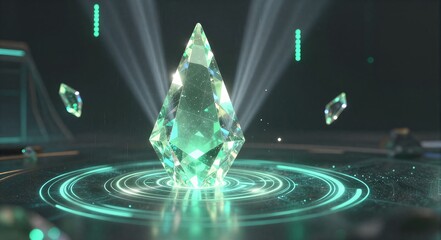 Futuristic green crystal centerpiece glowing on holographic platform under spotlights.
