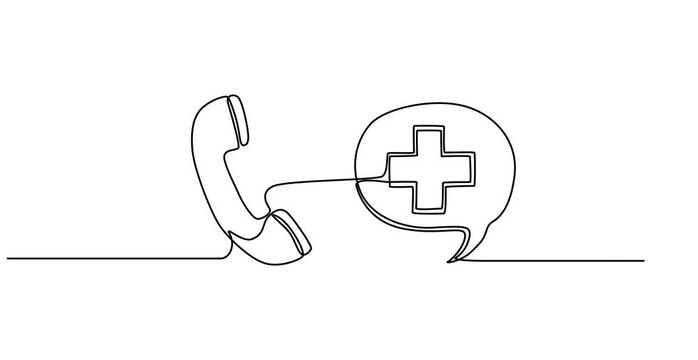 Animated self drawing of  Telephone handset and medical cross in one continuous line drawing, continuous one line art drawing of outline vector illustration design,	
